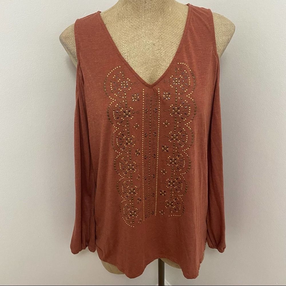 Knox Rose Rust Orange Gem Open Shoulder Tunic Top